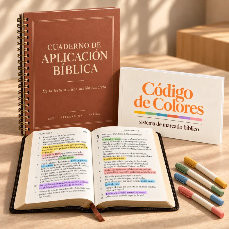 Pack de Código de Colores y Cuaderno de Aplicación Bíblica, junto a una Biblia abierta con versículos destacados y marcadores de colores.